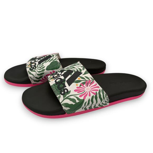 Adidas NWOB Black Slides Sandals Women's Size 6 Pink Green Tropical Print - Picture 1 of 6